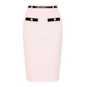 Women's Pencil Skirt Button Decor Bodycon Office Tweed Skirt w Belt Light Pink